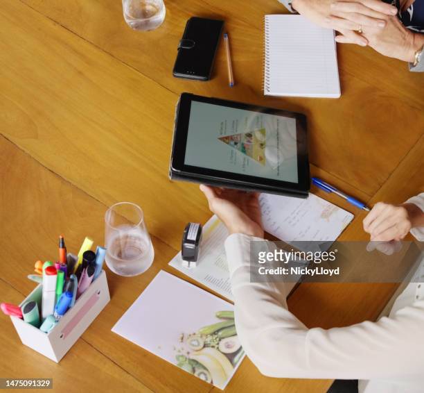 nutritionist sharing balance diet pyramid chart on digital tablet to client at home - food pyramid stock pictures, royalty-free photos & images