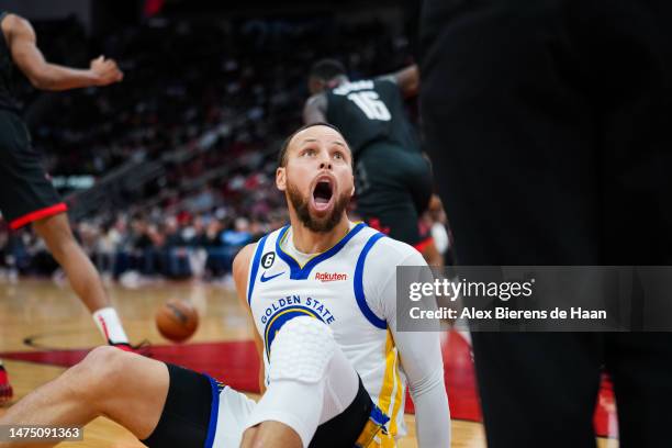 Stephen Curry of the Golden State Warriors reacts after a missed shot during the second quarter of the game against the Houston Rockets at Toyota...