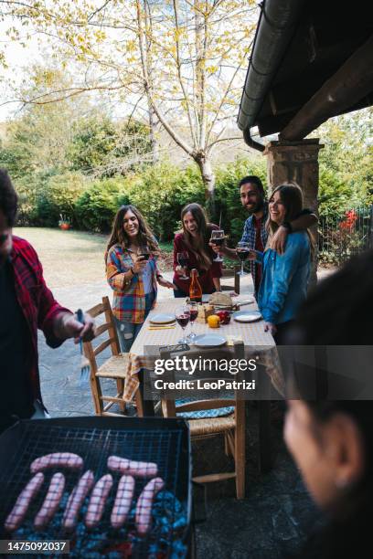 friends having a garden party picnic and bbq sausages for lunch - fat burning stock pictures, royalty-free photos & images