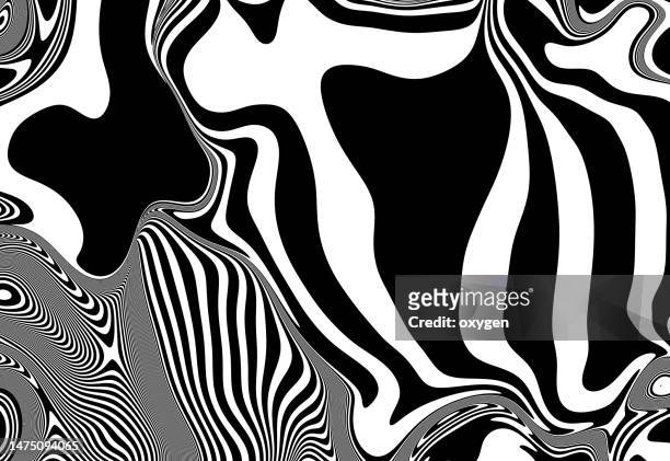 abstract geometric distirted white wave on black background. black and white swirl shapes. minimalism still life style - psykedelisk bildbanksfoton och bilder