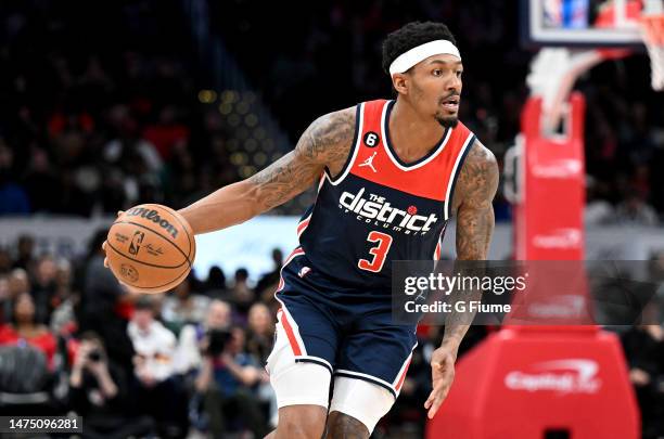 Bradley Beal of the Washington Wizards handles the ball against the Sacramento Kings at Capital One Arena on March 18, 2023 in Washington, DC. NOTE...