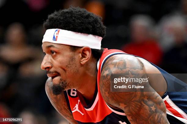 Bradley Beal of the Washington Wizards rests during a break in the game against the Sacramento Kings at Capital One Arena on March 18, 2023 in...