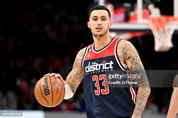 Kyle Kuzma of the Washington Wizards handles the ball against the Sacramento Kings at Capital One Arena on March 18, 2023 in Washington, DC. NOTE TO...