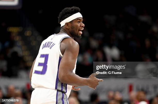 Terence Davis of the Sacramento Kings celebrates during the game against the Washington Wizards at Capital One Arena on March 18, 2023 in Washington,...