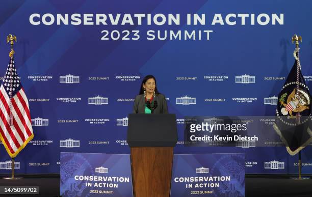 Interior Secretary Deb Haaland delivers remarks at the White House Conservation In Action Summit at the U.S. Interior Department on March 21, 2023 in...