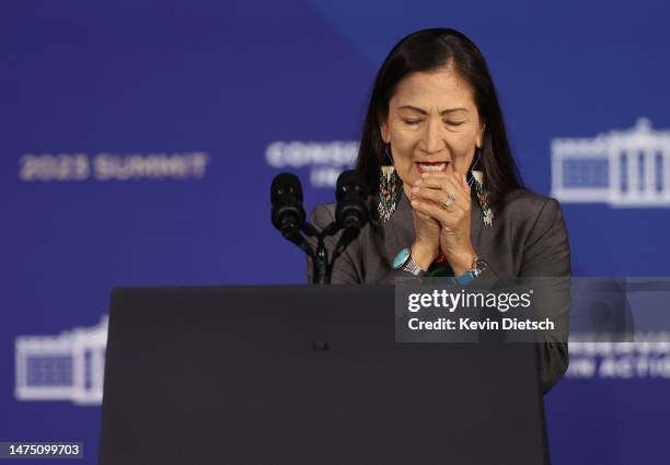 Interior Secretary Deb Haaland delivers remarks at the White House Conservation In Action Summit at the U.S. Interior Department on March 21, 2023 in...