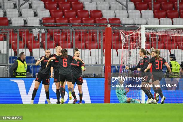 Lea Schueller of FC Bayern München celebrates with teammates after scoring the team's first goal during the UEFA Women's Champions League...