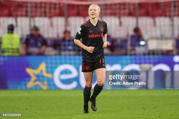 Lea Schueller of FC Bayern München celebrates after scoring the team's first goal during the UEFA Women's Champions League quarter-final 1st leg...