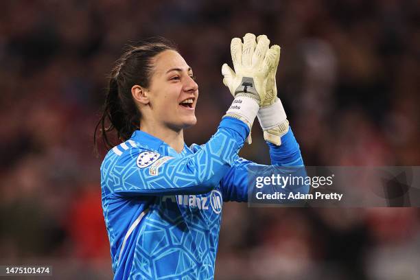 Maria-Luisa Grohs of FC Bayern München celebrates the team's first goal, scored by teammate Lea Schueller during the UEFA Women's Champions League...