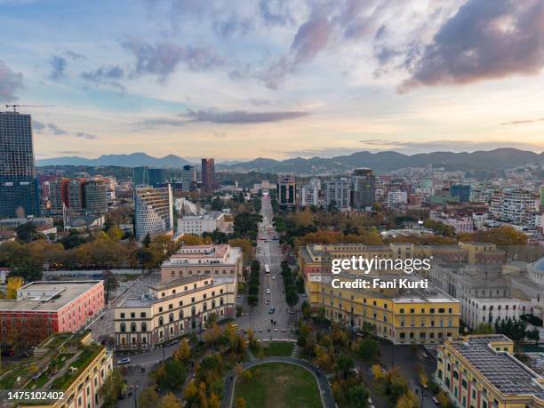 tirana town square from drone, albanian capital - eastern europe stock pictures, royalty-free photos & images