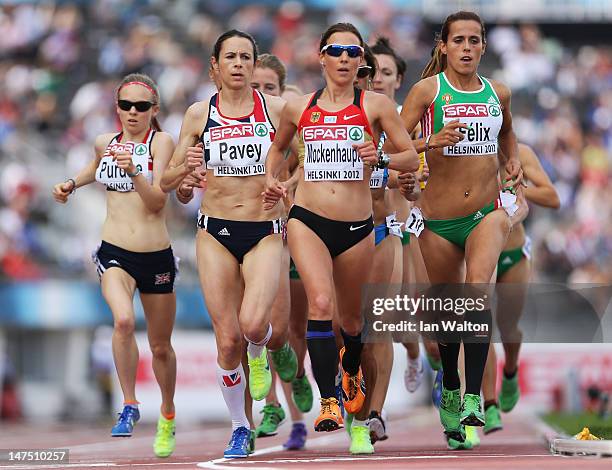 Jo Pavey of Great Britain, Sabrina Mockenhaupt of Germany and Dulce Felix of Portugal compete in the Women's 10,000 Metres Final during day five of...