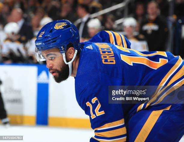 Jordan Greenway of the Buffalo Sabres prepares for a faceoff against the Boston Bruins during an NHL game on March 19, 2023 at KeyBank Center in...