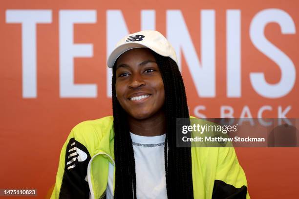 Coco Gauff fields questions from the media during the Miami Open at Hard Rock Stadium on March 21, 2023 in Miami Gardens, Florida.