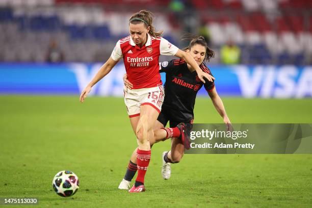 Jovana Damnjanovic of FC Bayern München tackles Katie McCabe of Arsenal during the UEFA Women's Champions League quarter-final 1st leg match between...