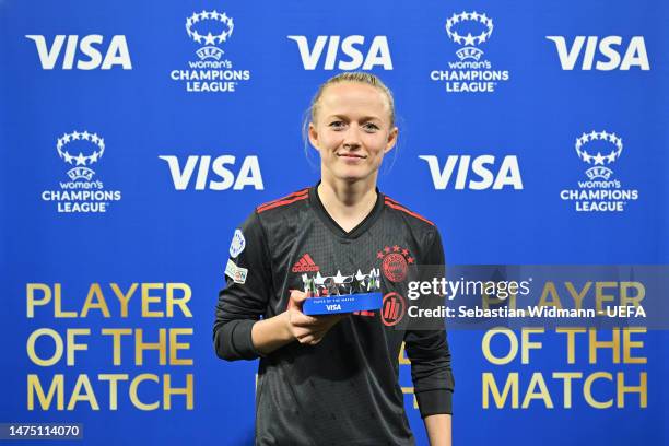 Lea Schueller of FC Bayern München poses for a photo with the Player of the Match trophy following the UEFA Women's Champions League quarter-final...