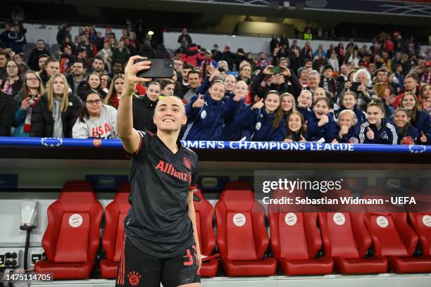 Georgia Stanway of FC Bayern München takes a selfie with fans following the UEFA Women's Champions League quarter-final 1st leg match between FC...