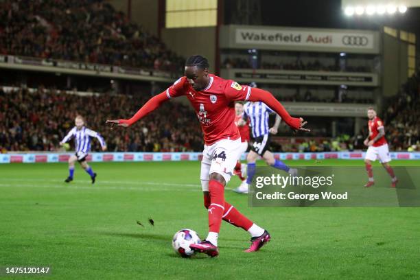Devante Cole of Barnsley scores the team's first goal during the Sky Bet League One between Barnsley and Sheffield Wednesday at Oakwell Stadium on...