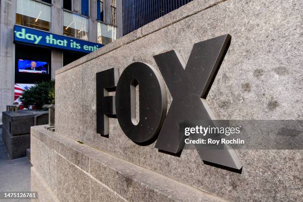 View of the Fox logo outside the News Corp Building on 5th Ave. On March 21, 2023 in New York City. News Corp is the parent company of Fox News who...