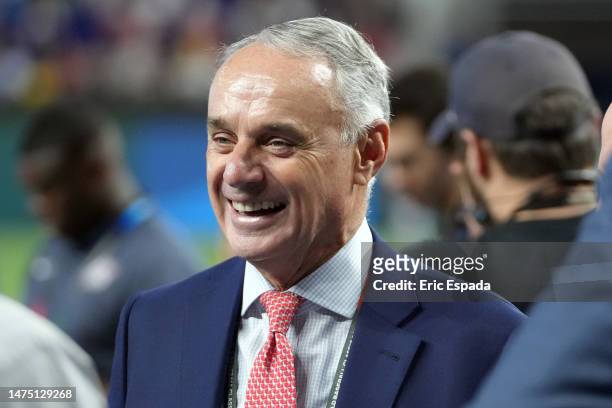 Commissioner of Baseball Robert D. Manfred Jr. Looks on during batting practice ahead of the World Baseball Classic Championship between Team Japan...