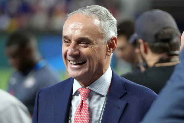 Commissioner of Baseball Robert D. Manfred Jr. Looks on during batting practice ahead of the World Baseball Classic Championship between Team Japan...