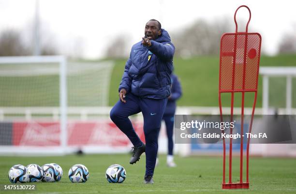 Jimmy Floyd Hasselbaink gives instructions during a training session at St George's Park on March 21, 2023 in Burton upon Trent, England.