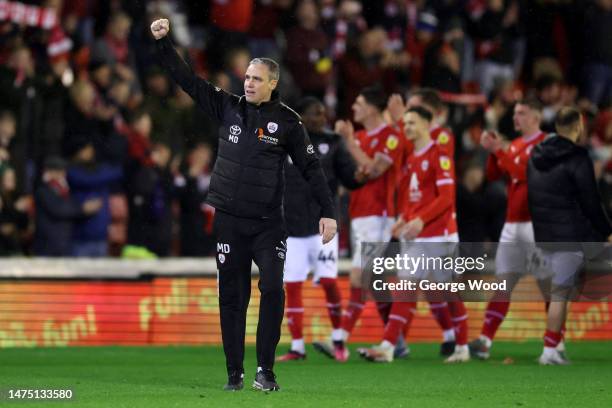 Michael Duff, Manager of Barnsley, celebrates victory following the Sky Bet League One between Barnsley and Sheffield Wednesday at Oakwell Stadium on...