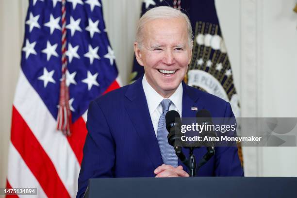 President Joe Biden speaks at a ceremony honoring the recipients of the 2021 National Humanities Medals and the 2021 National Medals of Arts in the...