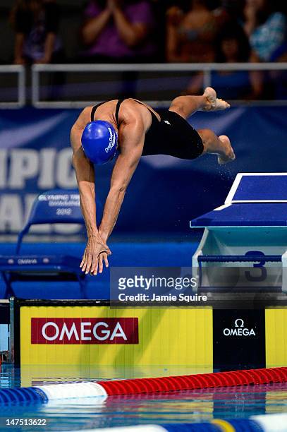 Dara Torres dives off of the starting block as she competes in preliminary heat 16 of the Women's 50 m Freestyle during Day Seven of the 2012 U.S....