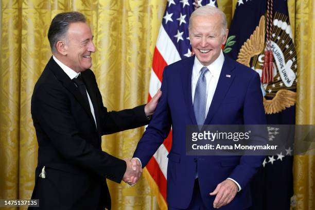 President Joe Biden awards singer Bruce Springsteen a 2021 National Medal of Art during a ceremony in the East Room of the White House on March 21,...
