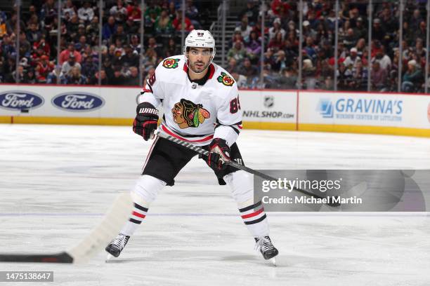 Andreas Athanasiou of the Chicago Blackhawks skates against the Colorado Avalanche at Ball Arena on March 20, 2023 in Denver, Colorado.