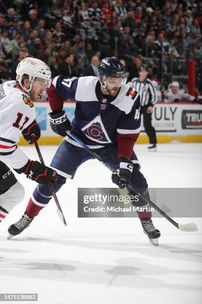 Alex Galchenyuk of the Colorado Avalanche skates against the Chicago Blackhawks at Ball Arena on March 20, 2023 in Denver, Colorado.