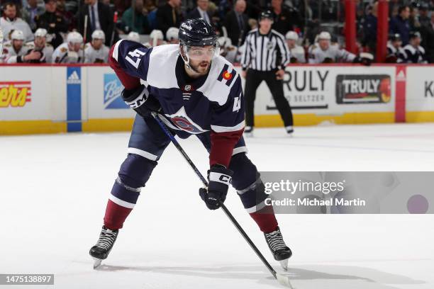 Alex Galchenyuk of the Colorado Avalanche skates against the Chicago Blackhawks at Ball Arena on March 20, 2023 in Denver, Colorado.