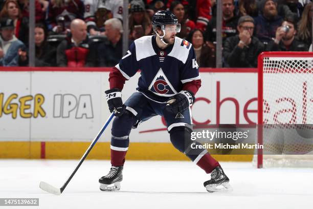 Alex Galchenyuk of the Colorado Avalanche skates against the Chicago Blackhawks at Ball Arena on March 20, 2023 in Denver, Colorado.