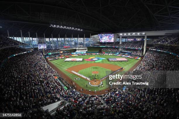 Team Japan and Team USA line up prior to the World Baseball Classic Championship at loanDepot park on March 21, 2023 in Miami, Florida.