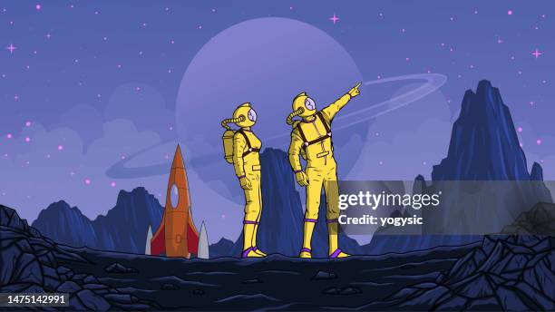 vector sci-fi astronaut team exploring a new planet stock illustration - rocket scientist stock illustrations