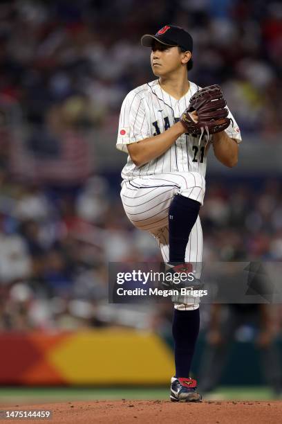 Shota Imanaga of Team Japan pitches in the first inning against Team USA during the World Baseball Classic Championship at loanDepot park on March...