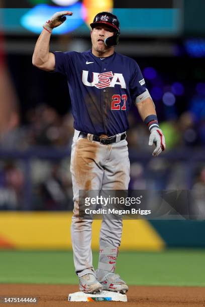 Mike Trout of Team USA celebrates after hitting a double in the first inning against Team Japan during the World Baseball Classic Championship at...