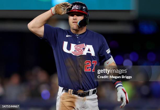 Mike Trout of Team USA celebrates after hitting a double in the first inning against Team Japan during the World Baseball Classic Championship at...