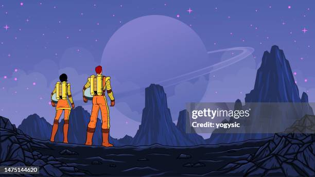 vector sci-fi astronaut team exploring a new planet stock illustration - retro futurism space stock illustrations