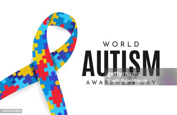 ilustraciones, imágenes clip art, dibujos animados e iconos de stock de tarjeta del día mundial de la concientización. vector - autismo