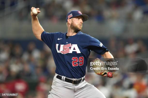 Merrill Kelly of Team USA pitches in the first inning against Team Japan during the World Baseball Classic Championship at loanDepot park on March...