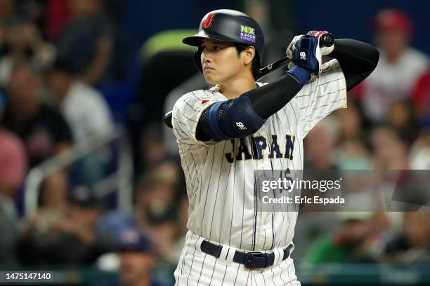 Shohei Ohtani of Team Japan at bat in the first inning against Team USA during the World Baseball Classic Championship at loanDepot park on March 21,...