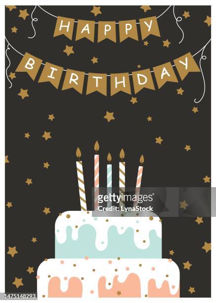ilustrações, clipart, desenhos animados e ícones de cartão de felicitações de feliz aniversário. ilustração vetorial do bolo com velas. estilo desenhado à mão. - vela de aniversário