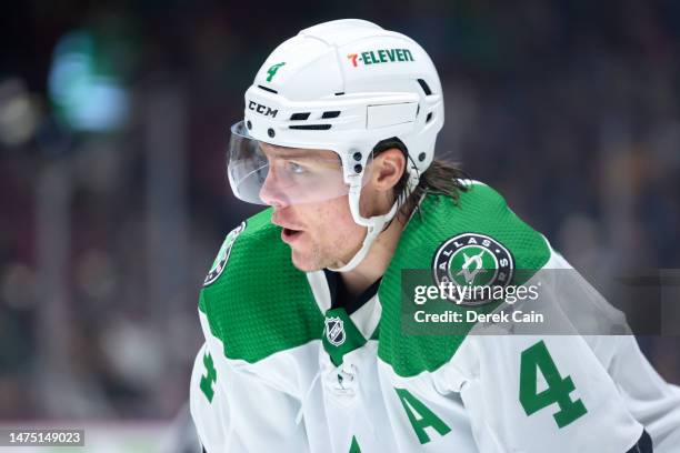 Miro Heiskanen of the Dallas Stars waits for a face-off during the second period of their NHL game against the Vancouver Canucks at Rogers Arena on...