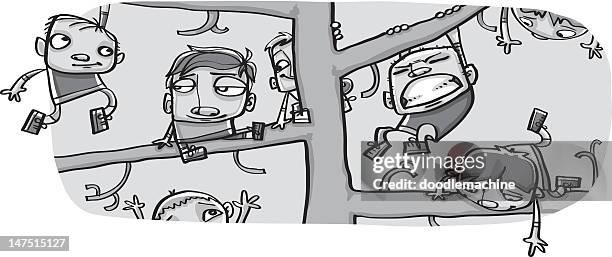 illustrazioni stock, clip art, cartoni animati e icone di tendenza di gruppo di bambini arrampicata e oscillare tra gli alberi come scimmie - solo bambini maschi