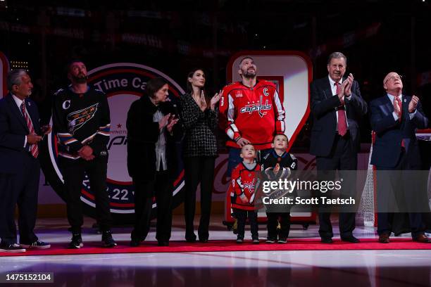 Alex Ovechkin of the Washington Capitals is honored during a pre-game ceremony for passing Gordie Howe for second place on the NHL's goal scoring...