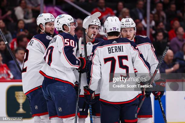 Eric Robinson of the Columbus Blue Jackets celebrates with teammates after scoring a goal against the Washington Capitals during the first period of...