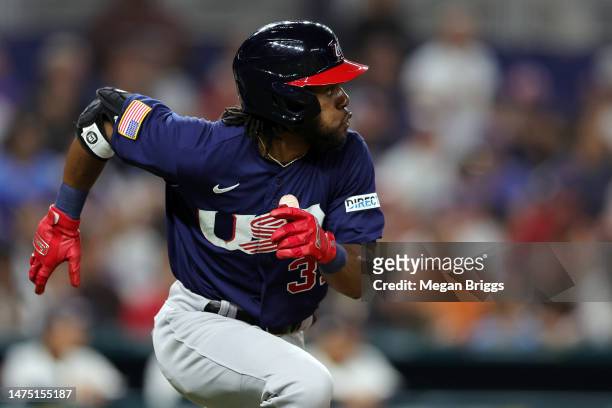 Cedric Mullins of Team USA runs to first base in the fourth inning against Team Japan during the World Baseball Classic Championship at loanDepot...