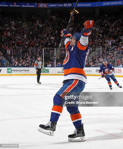 Cal Clutterbuck of the New York Islanders celebrates his second period goal against the Toronto Maple Leafs at the UBS Arena on March 21, 2023 in...