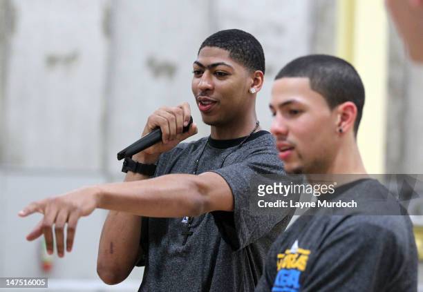 New Orleans Hornets first round draft picks Anthony Davis of Kentucky and Austin Rivers of Duke attend a basketball camp on June 29, 2012 at the Big...